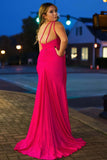 Simple Chiffon One Shoulder Plus Size Long Prom Dresses Fuchsia with Slit