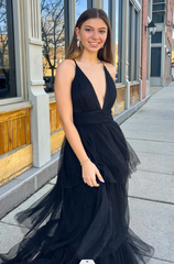 Simple Deep V Neck Tulle Black Tiered Prom Dresses Summer Maxi Dress for Women
