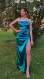 Simple Emerald Prom Dresses Green Classic Long Wedding Guest Dress Hight Split