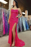 Simple Fuchsia Sequin Prom Dresses Long Gruaduation Dress UK