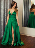 Simple Green Prom Dress Satin Spaghetti Straps Beading Evening Dress With Split