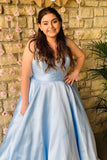 Simple Light Blue Plus Size Prom Dresses 2023 Satin Long Deep V Neck Formal Dress
