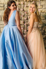 Simple Light Blue Plus Size Prom Dresses 2024 Satin Long Deep V Neck Formal Dress
