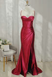 Simple Long Satin Formal Wear Red Straps Sheath Evening Prom Dresses