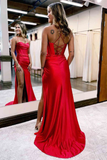 Simple Long Satin Formal Wear Red Straps Sheath Evening Prom Dresses