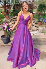 Simple Purple Prom Dresses Satin V Neck Spaghetti Straps Formal Dress
