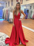 Simple Red Satin Prom Dresses V Neck Backless Long Formal Dress with High Slit
