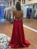 Simple Red Satin Prom Dresses V Neck Backless Long Formal Dress with High Slit