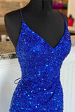 Simple Royal Blue Glitters Prom Dresses Long High Slit Party Formal Dress Lace-Up