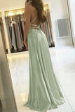 Sage Green Prom Dress With Slit Simple A Line Long Evening Dress