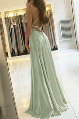 2024 Sage Green Prom Dress With Slit Simple A Line Long Evening Dress