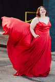Simple Satin Plus Size Red Prom Dresses UK Long Spaghetti Straps with Pockets