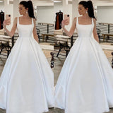 Simple Satin Wedding Dresses Square Neck Plus Size Bridal Dresses Court Train