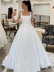 Simple Satin Wedding Dresses Square Neck Plus Size Bridal Dresses Court Train
