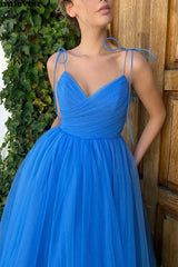 Simple V Neck Blue Tulle Prom Dress Tea Length Short Wedding Guest Dresses