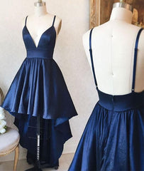 Simple V Neck High Low Homecoming Dress Navy Blue Prom Dresses