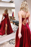 A-Line Spaghetti Straps V Neck Red Prom Dresses