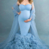Sky Blue Tulle Mermaid Maternity Dress for Photoshoot Women Bathrobe