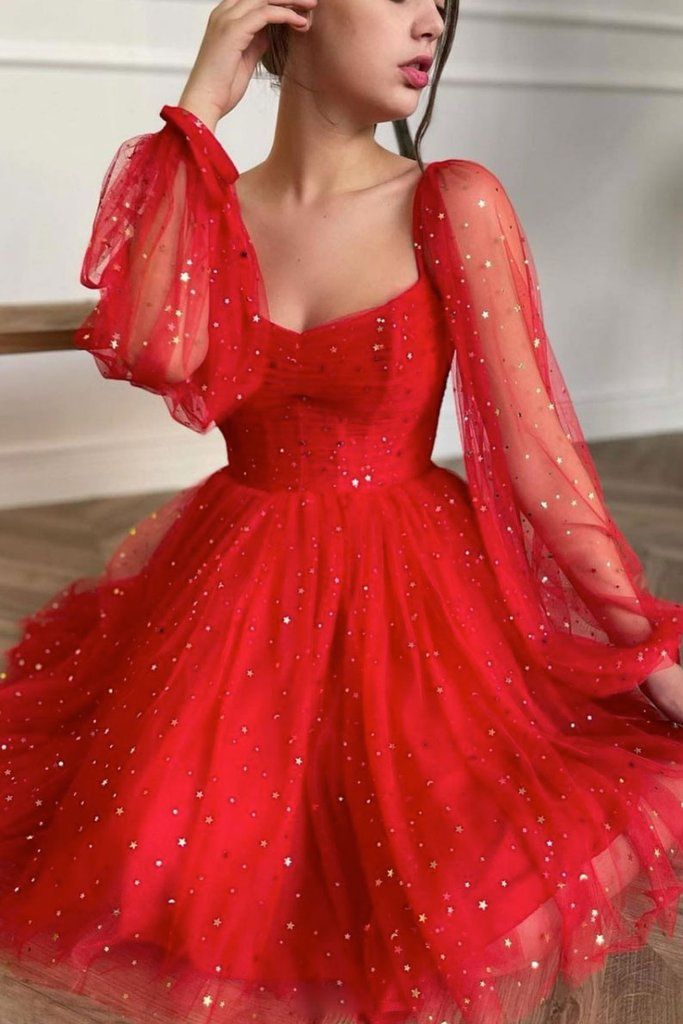 Sparkle Short Red Tulle Prom Dress Long Sleeves Wedding Guest Dress MyChicDress