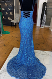 Sparkle Blue Sequin 2024 Prom Dresses Iridescent Mermaid Long Formal Dresses Side Slit