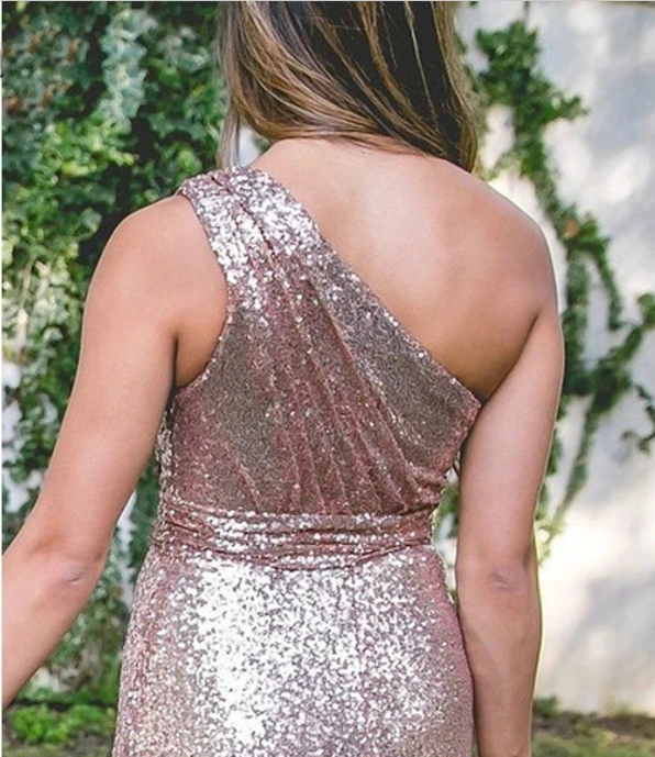 Sparkly One Shoulder Long Sequins Bridesmaid Dresses Rose Gold Wedding Guest Dress US12 Custom Color