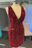 Sparkly Burgundy Bodycon Glitter Prom Dress V Neck Short Homecoming Dress