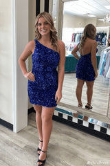 Hot One Shoulder Sparkly Homecoming Dress Sequin Tight Cocktail Dress