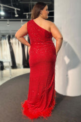 Sparkly One Shoulder Burgundy Plus Size Prom Dresses 2024 Sequins Long with Feathers