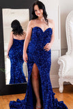 Sparkly Plus Size Sequins Royal Blue Prom Dresses Mermaid Long Dress with Slit