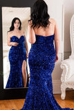 Sparkly Plus Size Sequins Royal Blue Prom Dresses Mermaid Long Dress with Slit