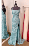 Sparkly Royal Blue Sequins Prom Dress UK Long Mermaid Formal Dress with Slit