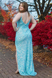 Sparkly Sky Sequins Plus Size Blue Prom Dresses Long Formal Dress with Slit