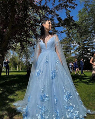 Sparkly Tulle Blue V Neck Cheap Prom Dresses 3D Flowers with Cape