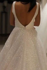 Sparkly A Line V-neck Sequins Wedding Gown Backless Prom Dress On Sale