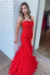 Cheap Long Red Mermaid Prom Dresses Lace 2024 Strapless