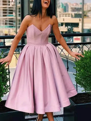 Strapless Tea Length Pink Wedding Guest Dress Satin A Line Prom Dresses with Pockets