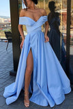 A Line Long Off Shoulder Slit Light Blue Prom Dresses