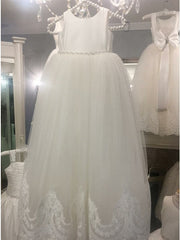 White Scoop Ball Gown Tulle Lace Flower Girl Dresses