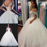Off the Shoulder Crystals White Wedding Dresses Ball Gown Tulle Bridal Dress