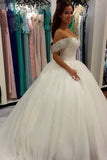 Off the Shoulder Crystals White Wedding Dresses Ball Gown Tulle Bridal Dress