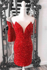 Tight Red Sequins Prom Dress Strapless V Neck Short Homecoming Dress
