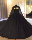 Ball Gown Appliques Crystals Gothic Black Wedding Dresses Sleeveless with Cape