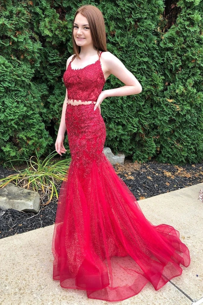 Two Piece Red Prom Dresses Lace