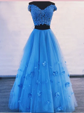 Light Blue 2 Piece Prom Dresses Off the Shoulder Flower Long Evening Gowns