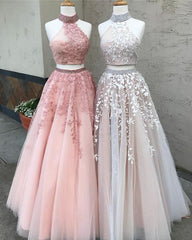 High Neck 2 Piece Lace Prom Dresses A Line Beaded Evening Dresses