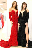 Unique Red Mermaid V Neck Prom Dresses Long Sleeves Sweetheart with Split