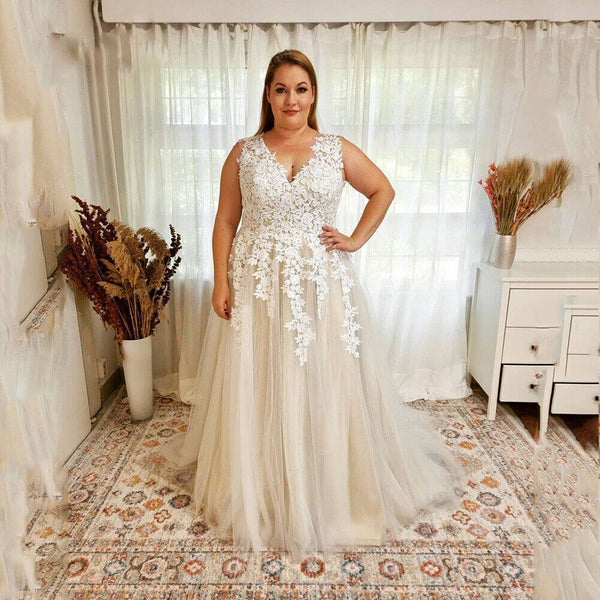 V Neck Lace Plus Size Wedding Dresses Beach Appliques A Line Boho
