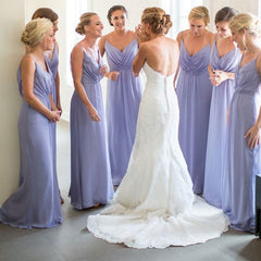 Simple Pleated Lavender Bridesmaid Dresses Long V-Neck Wedding Guest Dress