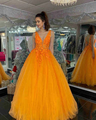 2024 Orange Lace Prom Dresses Floral V Neck Formal Evening Dress