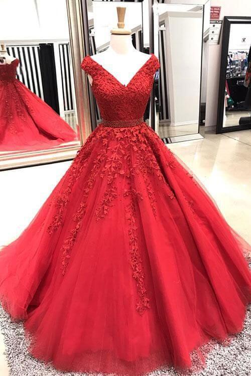 off the shoulder Red Lace Formal Gowns